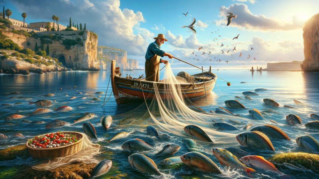 A picturesque Mediterranean scene showcasing a fisherman fishing, embodying the essence of the Mediterranean diet that emphasizes meat and seafood.