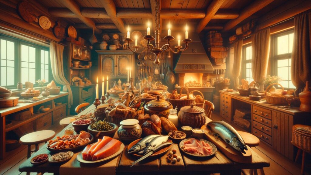 A warm and inviting depiction of a Northern European culinary scene, emphasizing the rich heritage of meat and fish in their diets.
