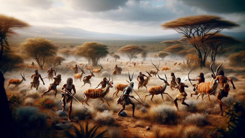 depiction of ancestors hunting animals in the African savannah, capturing the raw and authentic essence of ancient hunting practices. The proper human diet.