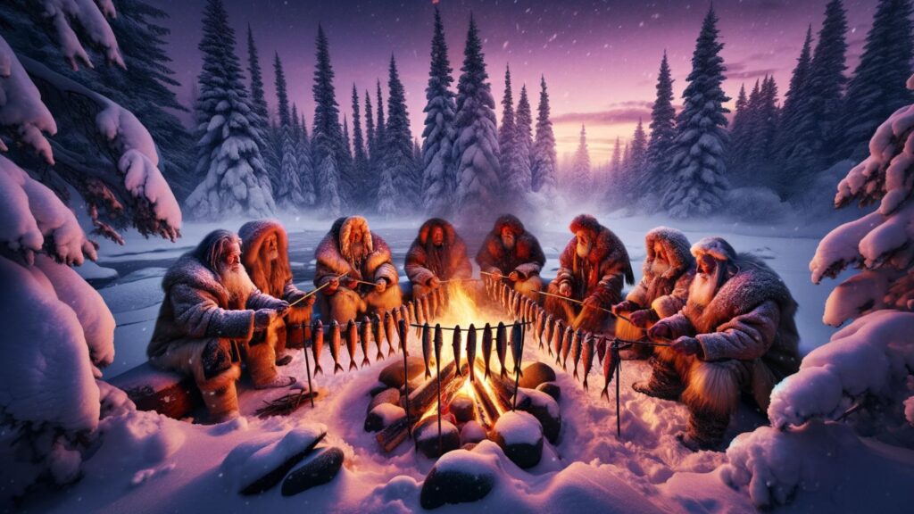 a group of ancestors in a northern landscape, engaged in a communal meal of fish. 