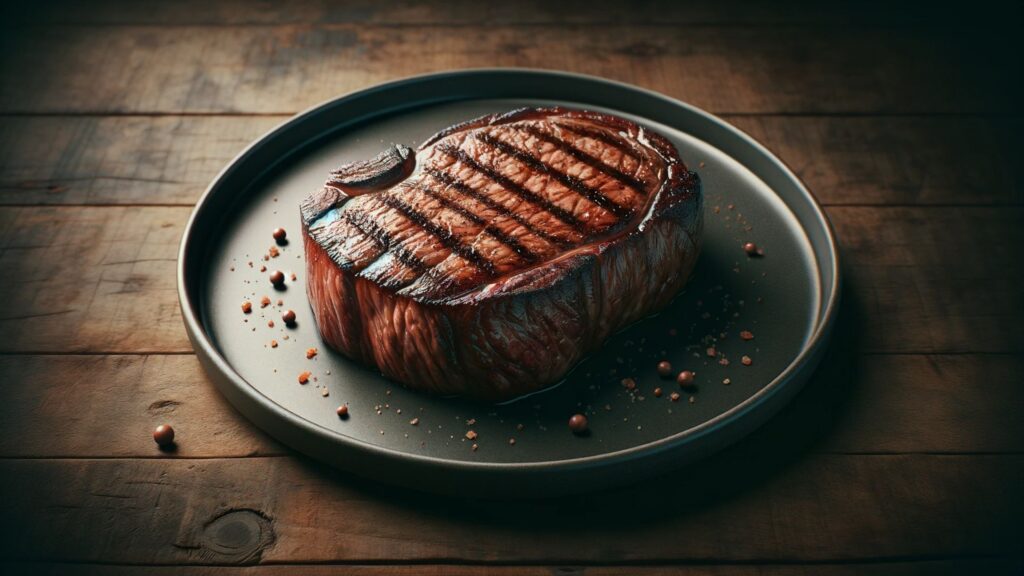 A photorealistic image of a perfectly cooked steak, elegantly presented on a simple, high-quality plate. The Carnivore Diet is its remarkable capacity to promote a feeling of fullness for extended periods
