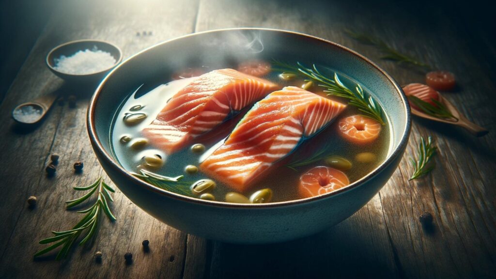 A high-definition image of a delicious fish soup with salmon, focusing on a few simple yet high-quality ingredients.