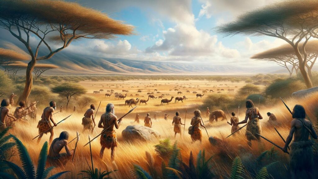 Panoramic illustration of prehistoric humans hunting on the African savannah, with tall golden grasses, acacia trees, and a group of hunters equipped with spears focusing on distant animals.