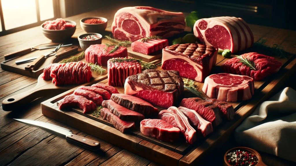 An image depicting various cuts of grass-fed beef like ribeye, porterhouse, and ground beef, neatly arranged on a wooden table.