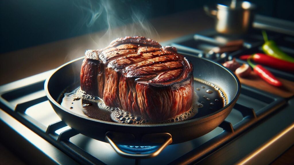 An image of a juicy and appetizing beef steak cooking in a pan.