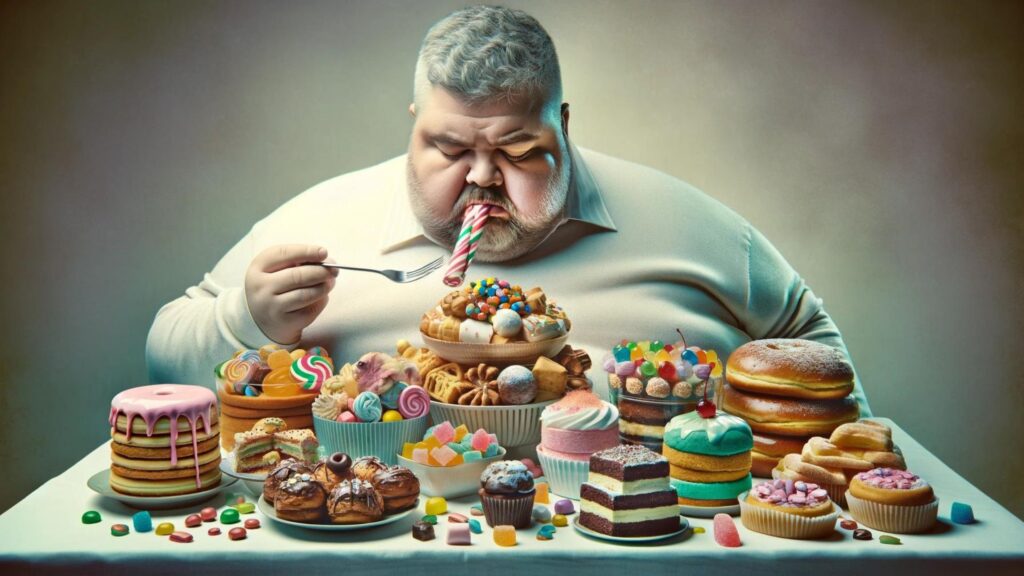 A man indulging in a large quantity of sugary foods like candy, cakes, and pastries.