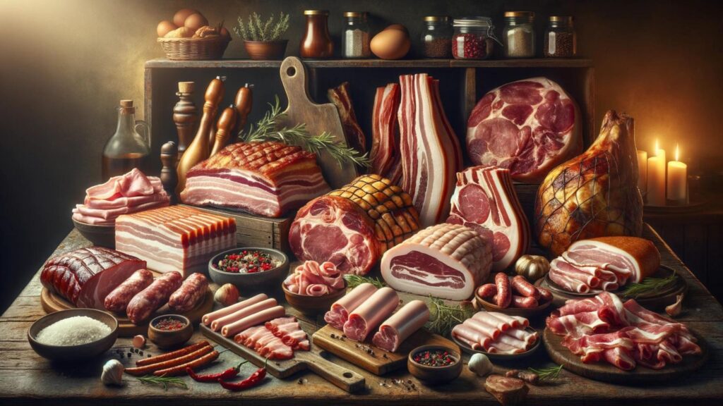 The image showcases an assortment of pork cuts like bacon, ham, pork chops, sausages, and ribs.